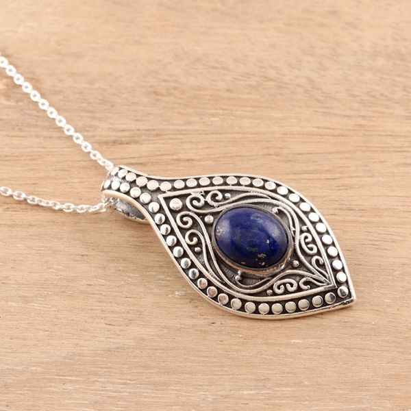Alternate image for Patterned Lapis Lazuli Pendant Necklace from India Mughal Blue