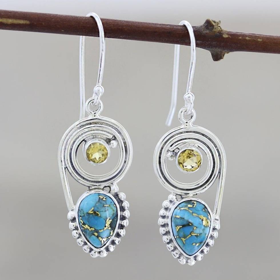 Citrine and Composite Turquoise Dangle Earrings 'Wondrous Coil'