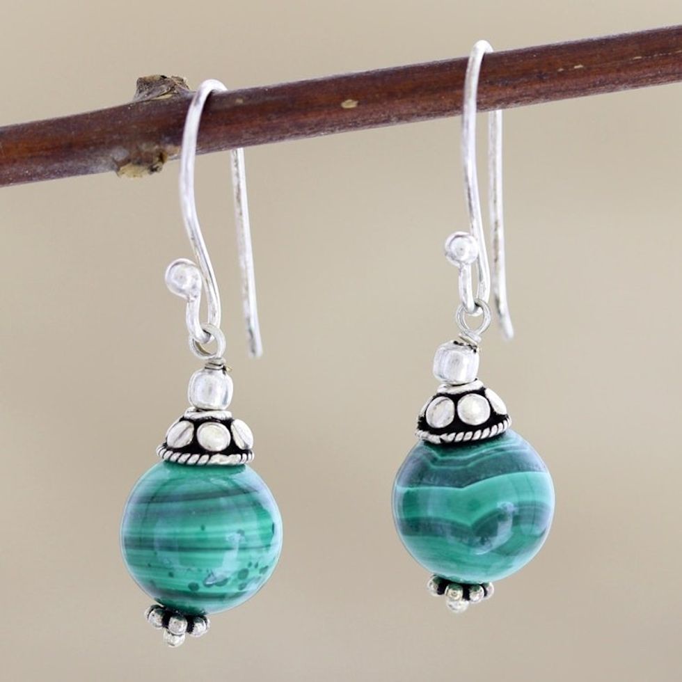 Malachite and Sterling Silver Dangle Earrings from India 'Planetary Traveler'
