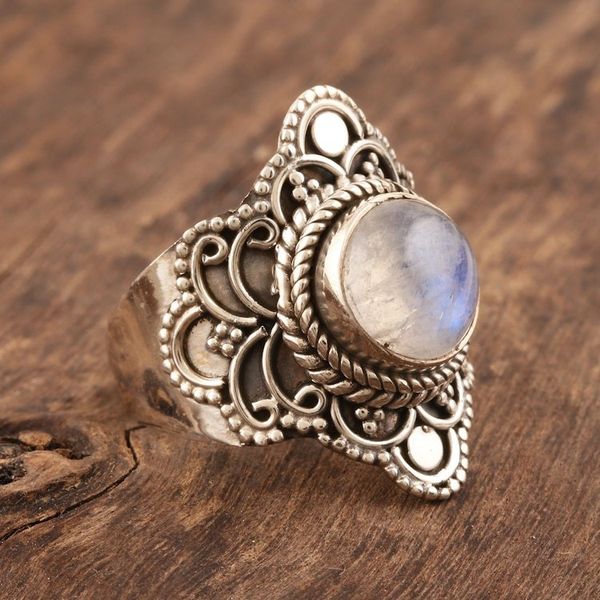 Alternate image for Rainbow Moonstone and Sterling Silver Cocktail Ring Majestic Moon