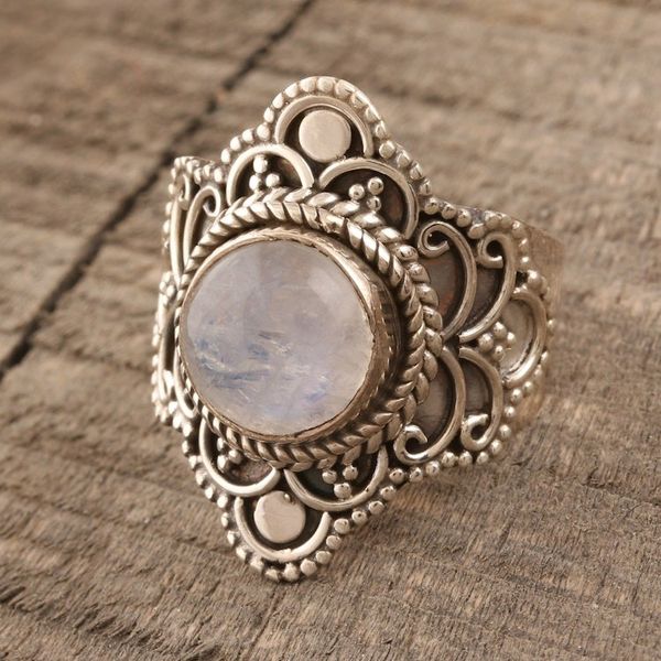 Alternate image for Rainbow Moonstone and Sterling Silver Cocktail Ring Majestic Moon