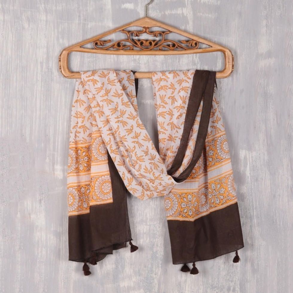 Leaf Motif Block-Printed Cotton Scarf in Saffron from India 'Saffron Garden'