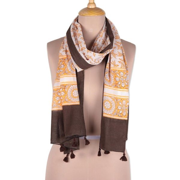 Alternate image for Leaf Motif Block-Printed Cotton Scarf in Saffron from India Saffron Garden