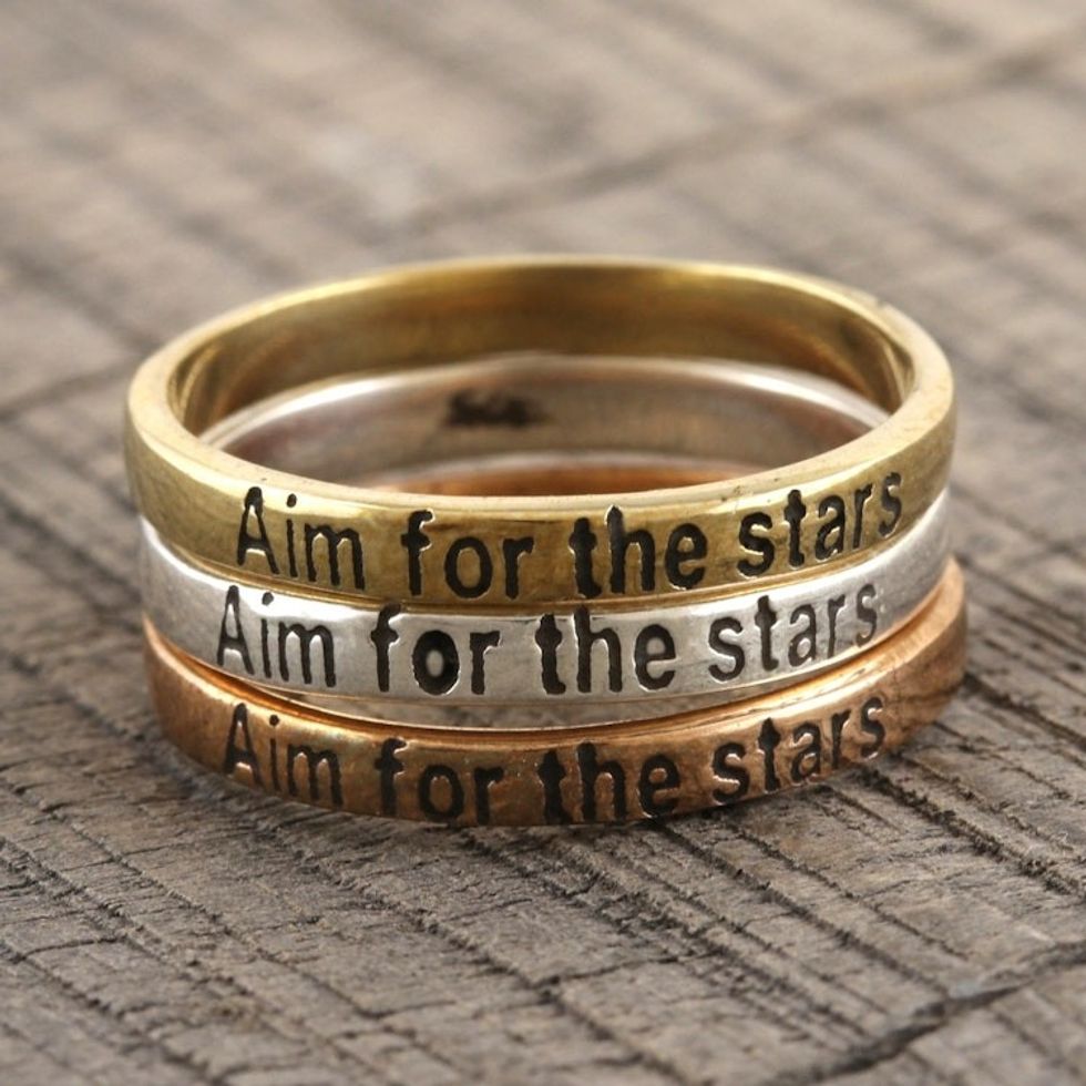 Sterling Silver Brass and Copper Band Rings Set of 3 'Triple Wish'
