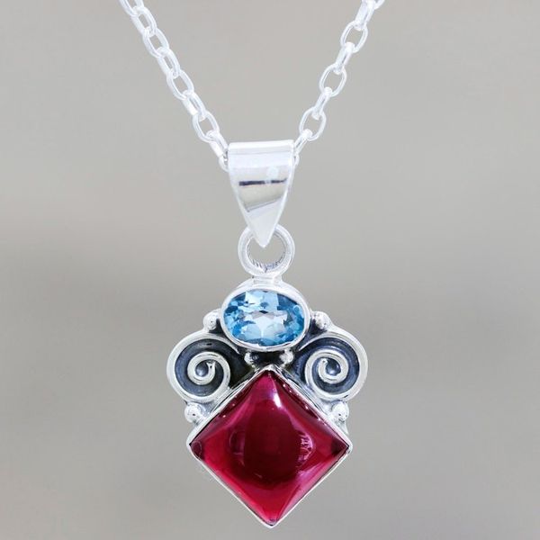 Alternate image for Artisan Crafted Garnet and Blue Topaz Pendant Necklace Rainbow Fragments