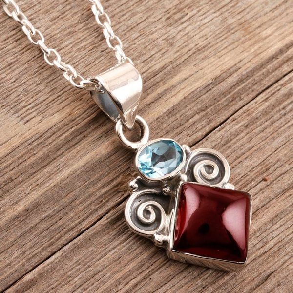 Alternate image for Artisan Crafted Garnet and Blue Topaz Pendant Necklace Rainbow Fragments