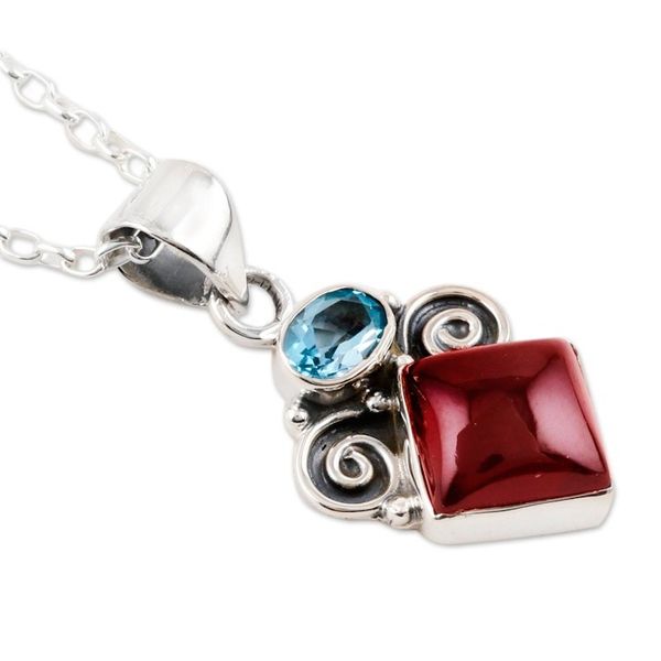Alternate image for Artisan Crafted Garnet and Blue Topaz Pendant Necklace Rainbow Fragments