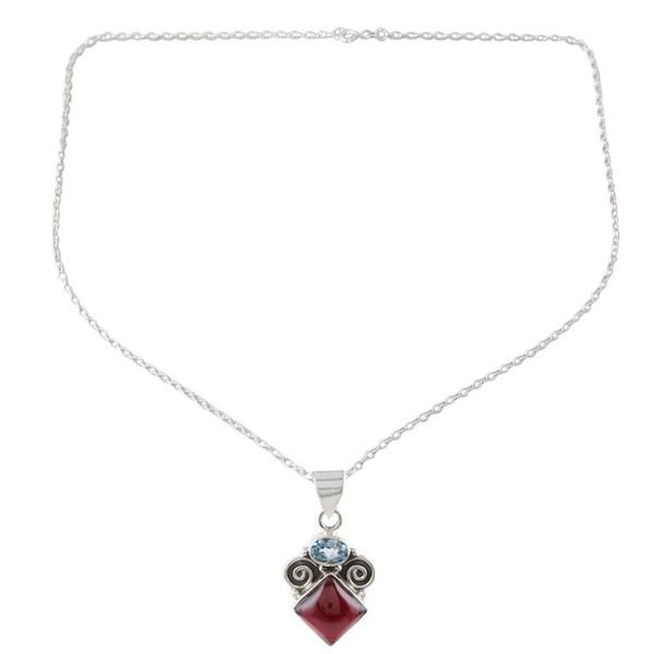 Alternate image for Artisan Crafted Garnet and Blue Topaz Pendant Necklace Rainbow Fragments