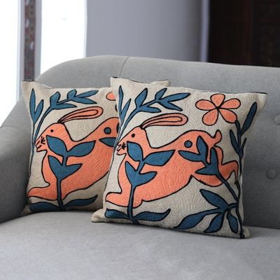 Main image for Embroidered Deer Motif Cotton Cushion Covers Pair Forest Deer