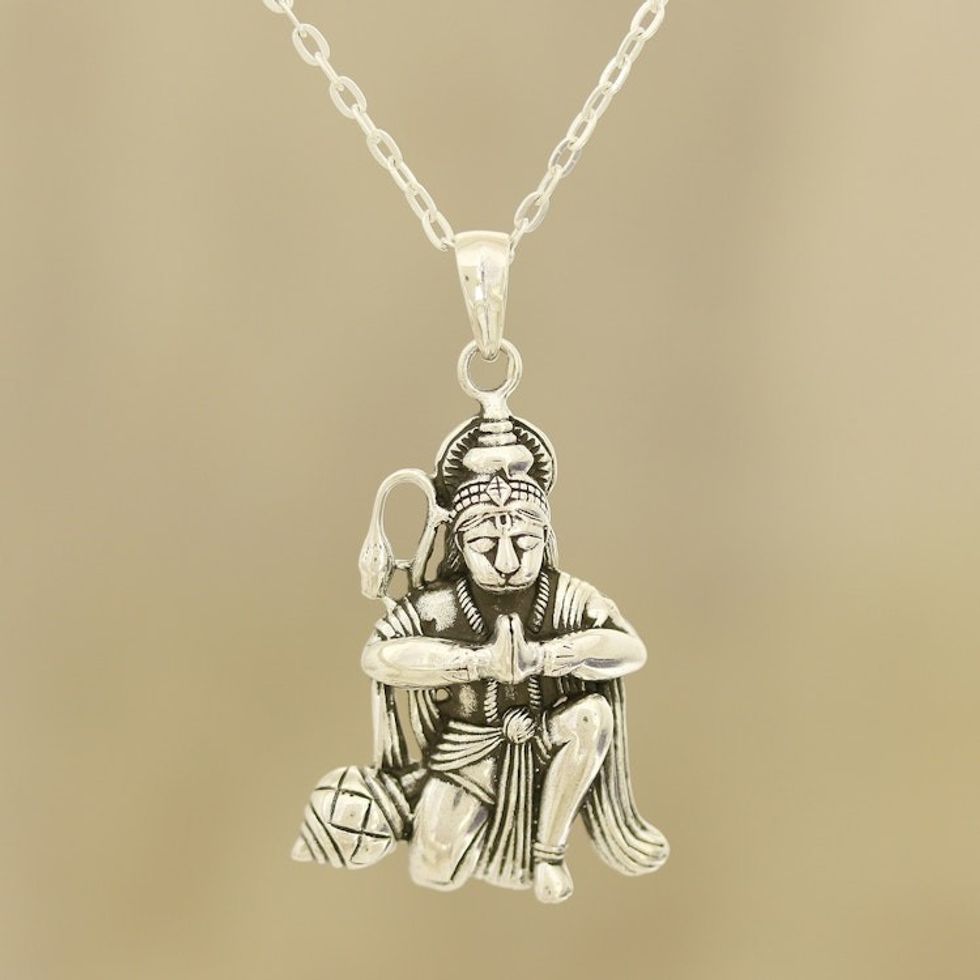 Sterling Silver Hinduism Pendant Necklace from India 'Divine Hanuman'