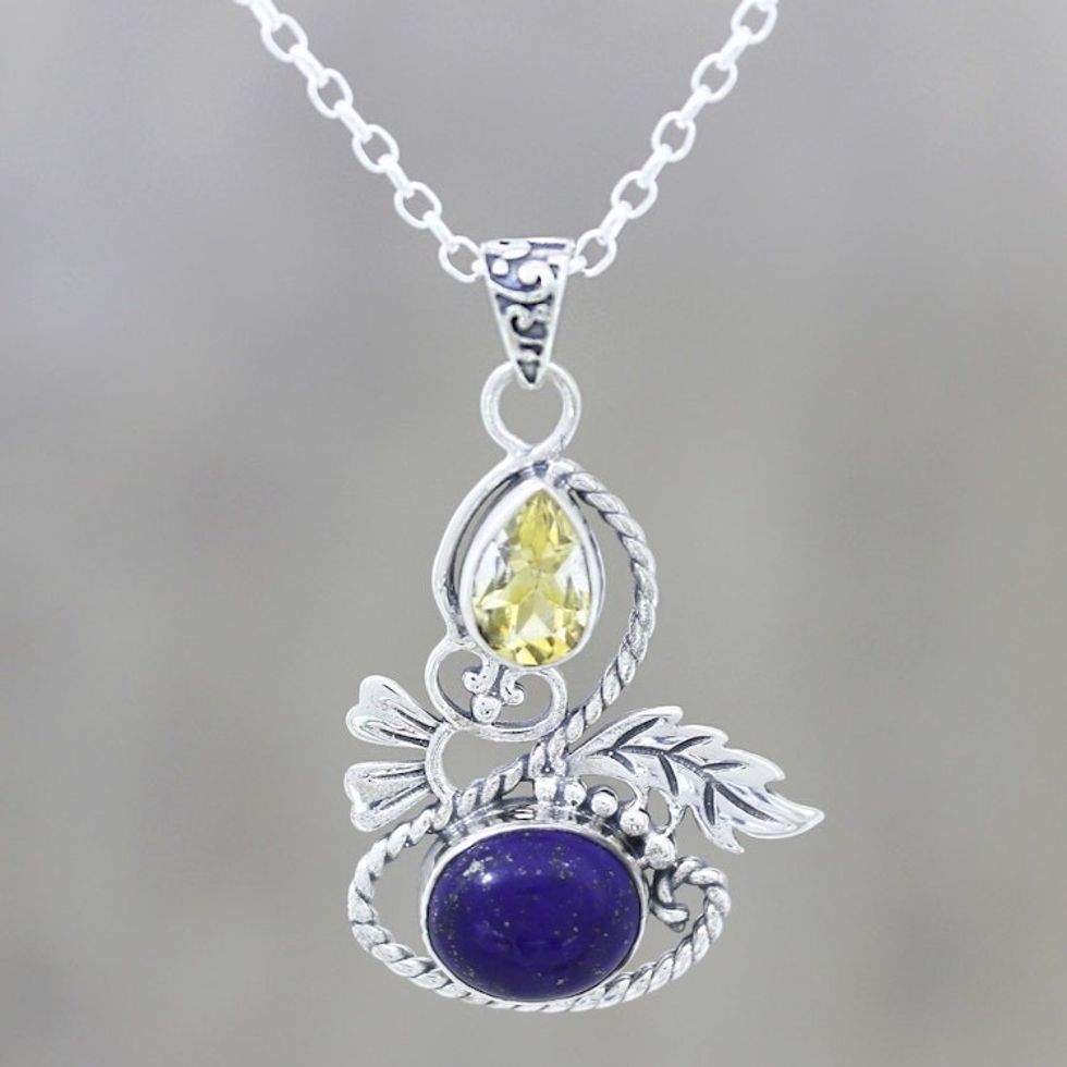 Leafy Citrine and Lapis Lazuli Pendant Necklace from India 'Delightful Garden'