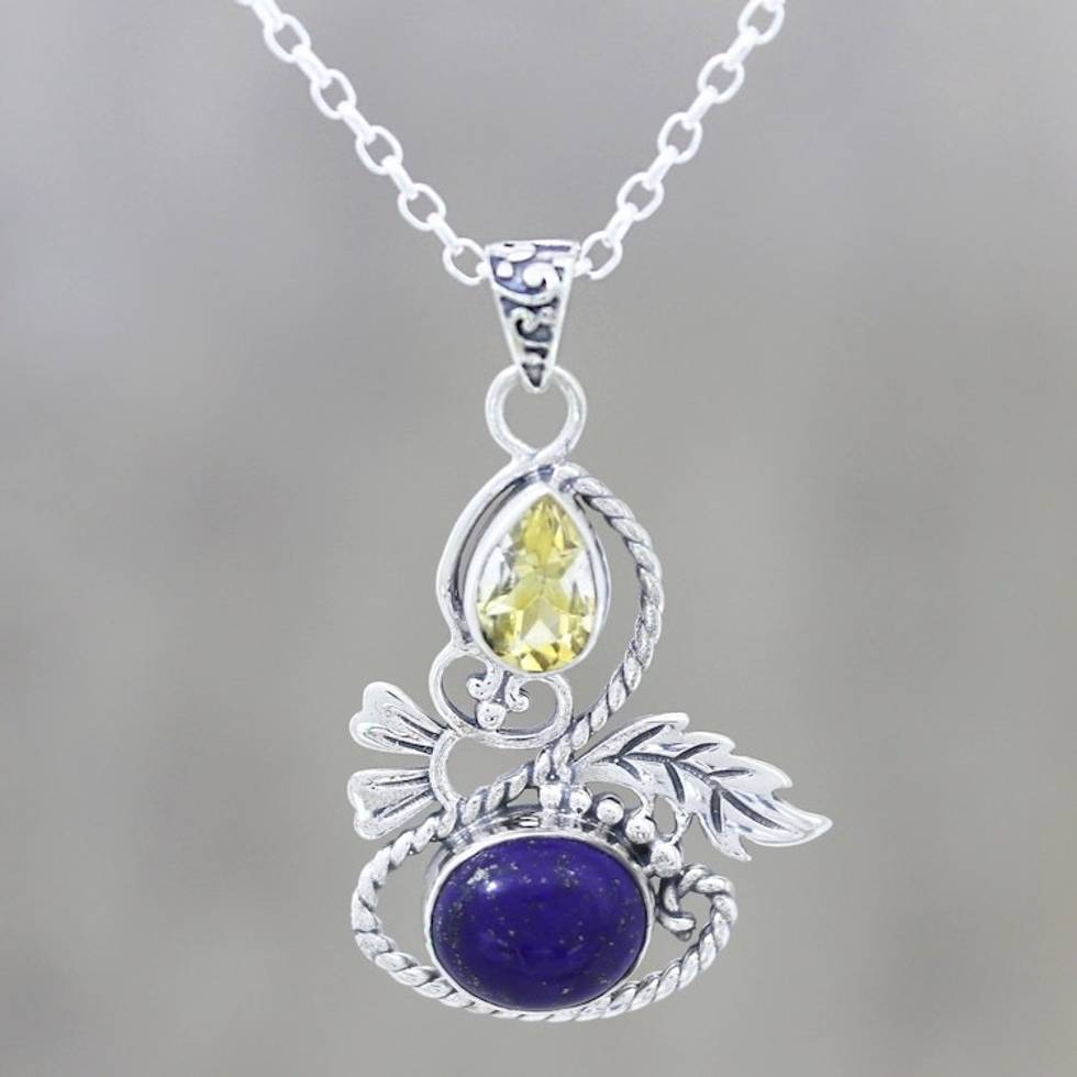 Leafy Citrine and Lapis Lazuli Pendant Necklace from India 'Delightful Garden'