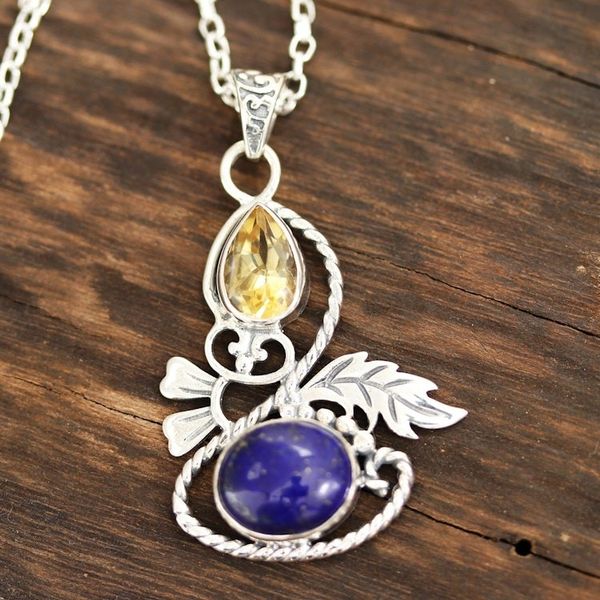 Alternate image for Leafy Citrine and Lapis Lazuli Pendant Necklace from India Delightful Garden