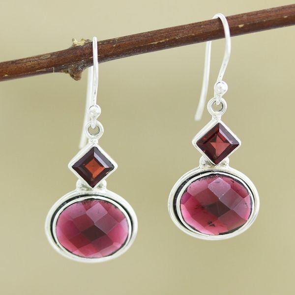 Alternate image for Faceted Garnet and Sterling Silver Dangle Earrings Red Shimmer