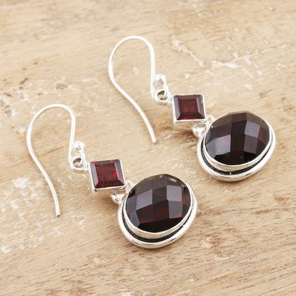 Alternate image for Faceted Garnet and Sterling Silver Dangle Earrings Red Shimmer