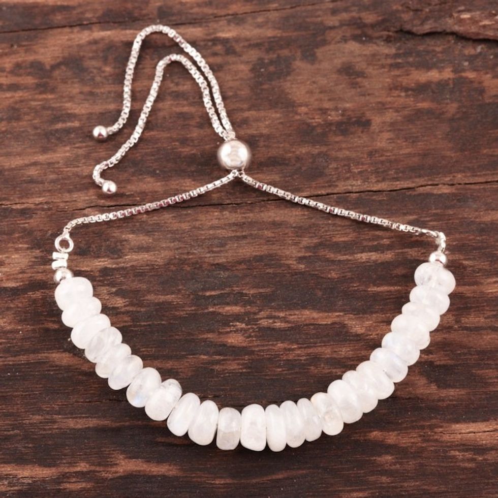 Adjustable Rhodium Plated Rainbow Moonstone Beaded Bracelet 'Charming Beads'