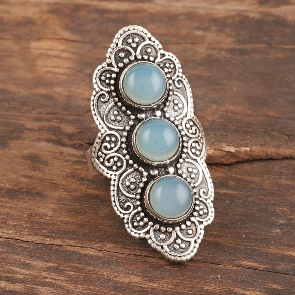 Oxidized Sterling Silver Chalcedony Cocktail Ring 'Goddess Trio'