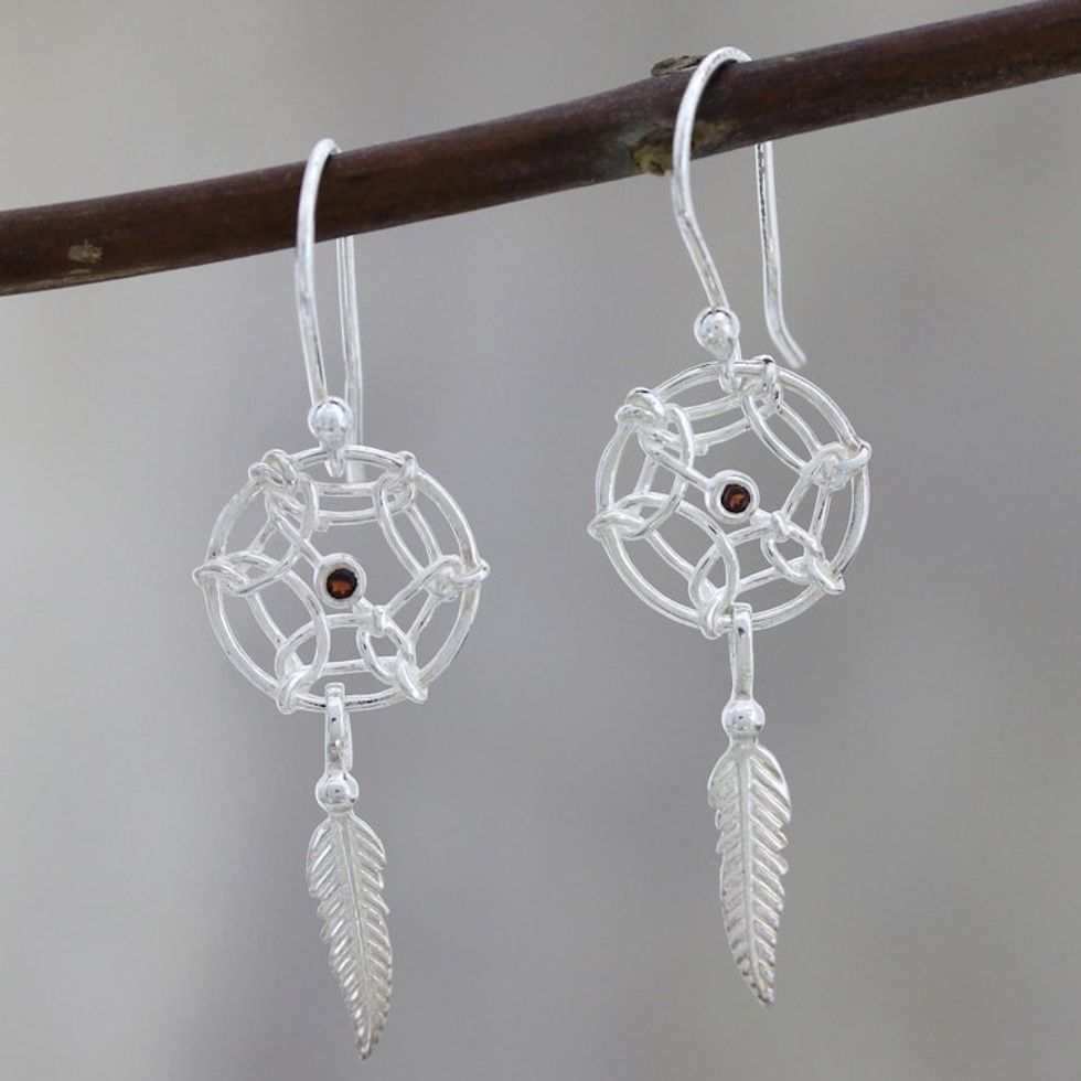 Sterling Silver Dreamcatcher Earrings with Garnet 'Fantastical Dream'