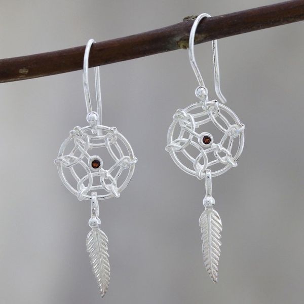 Alternate image for Sterling Silver Dreamcatcher Earrings with Garnet Fantastical Dream