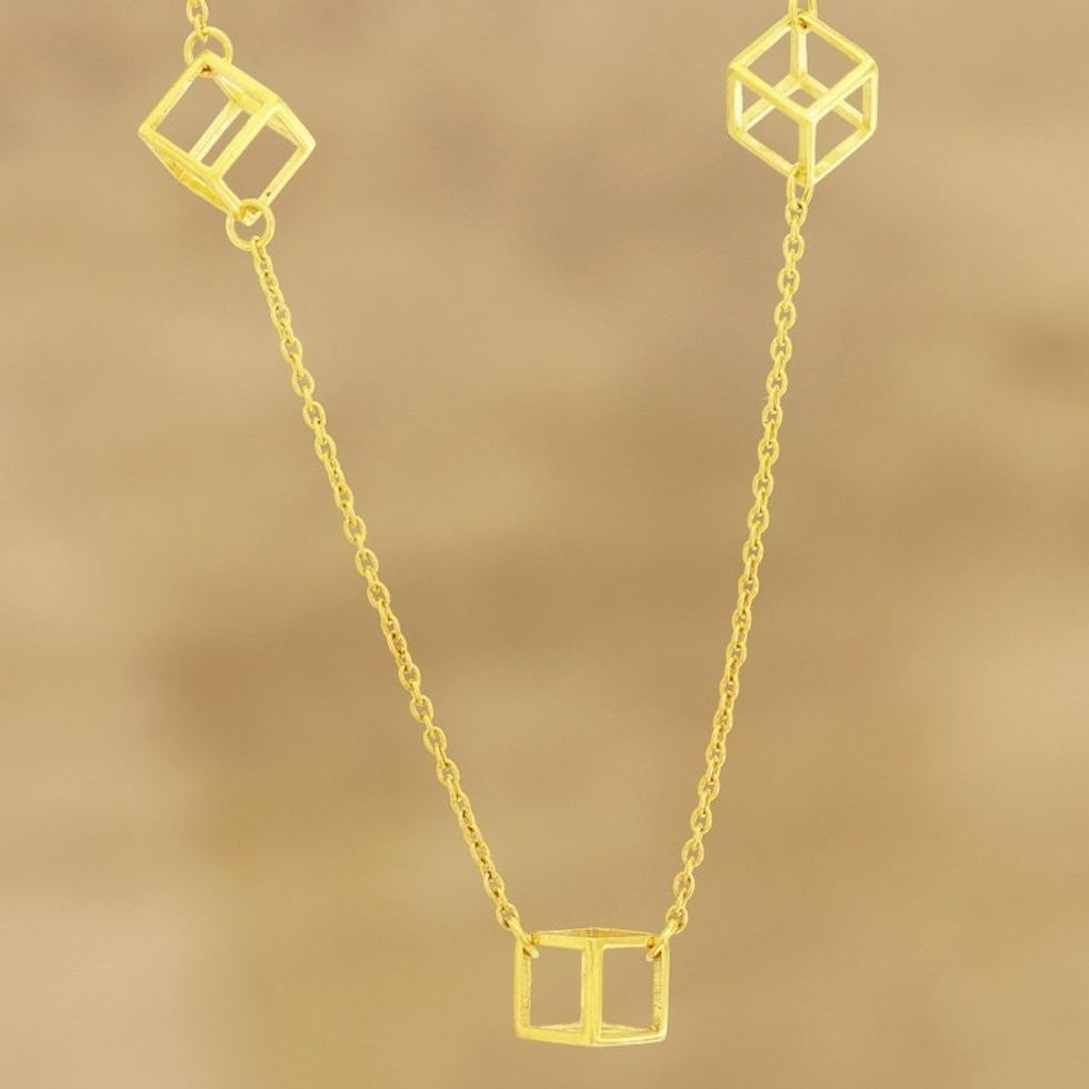 Gold Plated Sterling Silver Cube Station Necklace from India 'Gold Cubism'