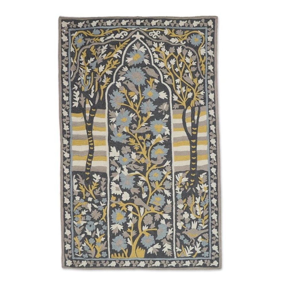 Chain-Stitched Wool and Cotton Tree Motif Rug 'Winged Paradise'