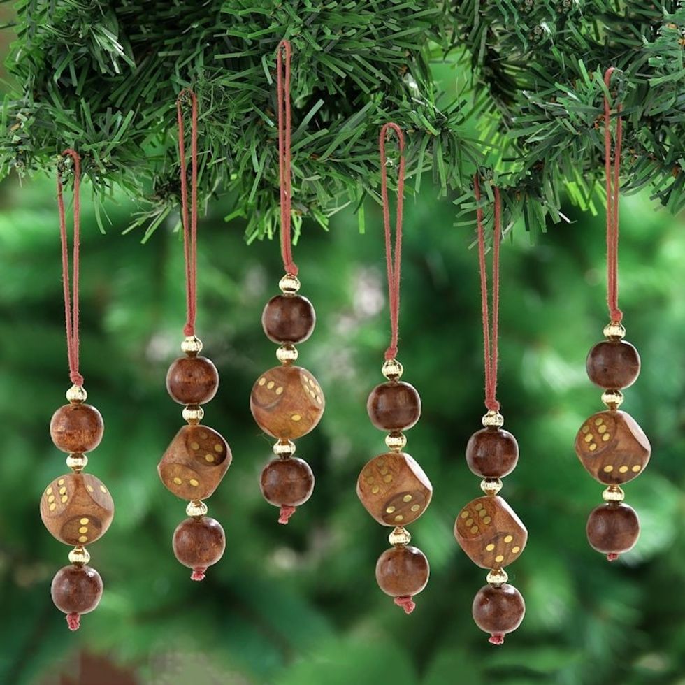 Dice-Themed Wood Beaded Ornaments from India Set of 6 'Luck'