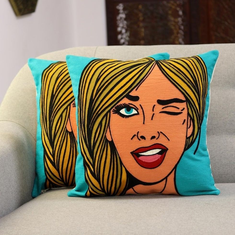 Embroidered Cotton Cushion Covers of a Woman Winking Pair 'Wink'