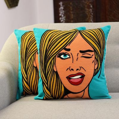 Main image for Embroidered Cotton Cushion Covers of a Woman Winking Pair Wink
