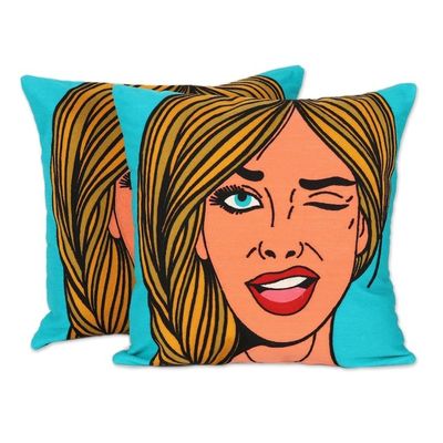 Alternate image for Embroidered Cotton Cushion Covers of a Woman Winking Pair Wink