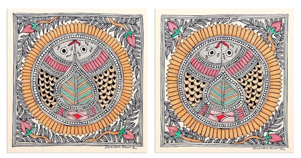 Multicolored Fish-Themed Madhubani Diptych Pair 'Fish Unison'