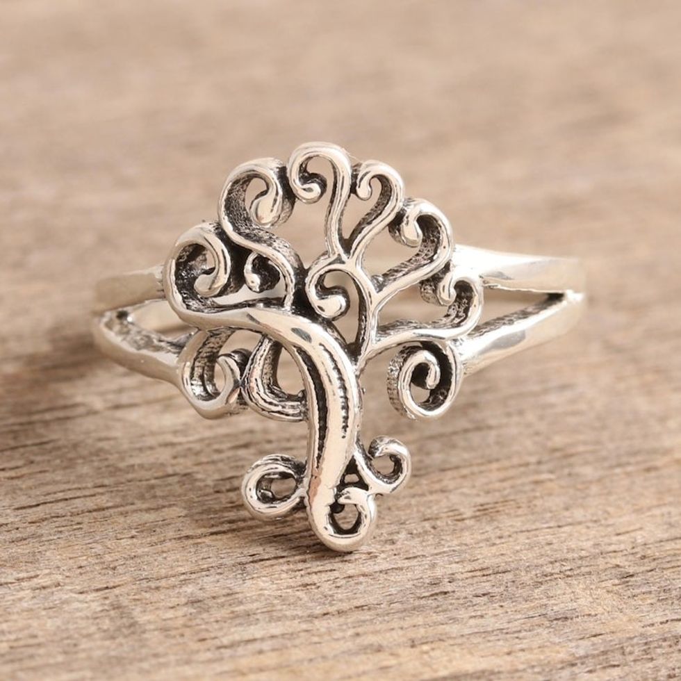 Tree-Themed Sterling Silver Band Ring from India 'Curling Tree'