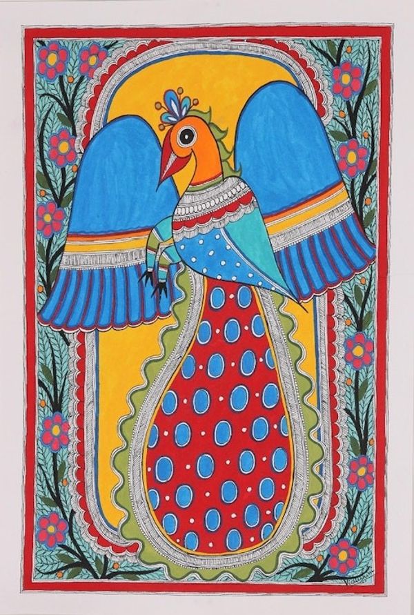 Alternate image for Acrylic Madhubani Peacock Painting on Handmade Paper Flying Peacock