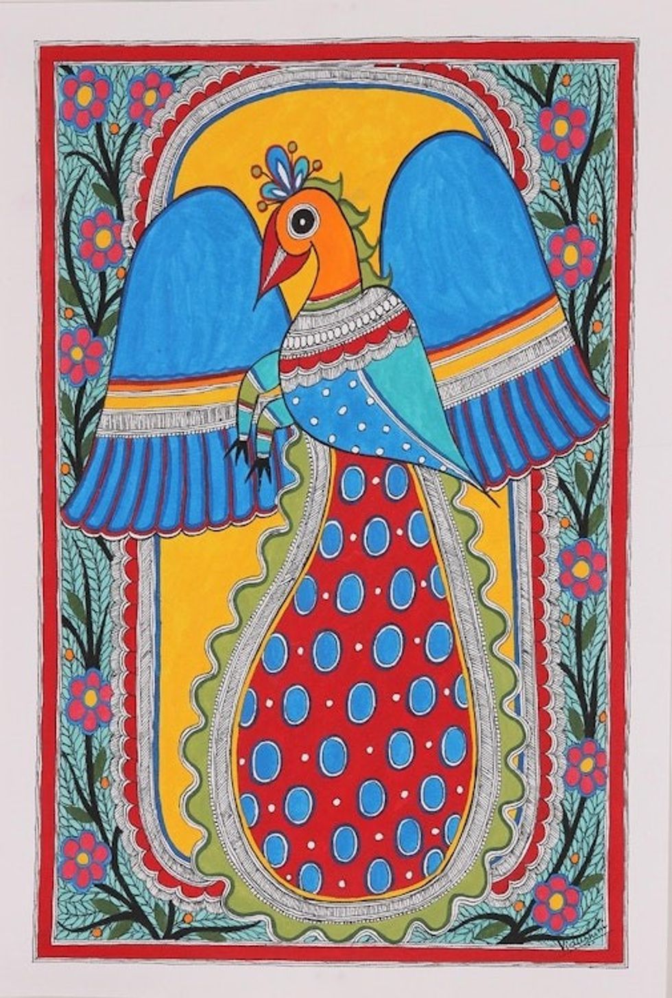 Acrylic Madhubani Peacock Painting on Handmade Paper 'Flying Peacock'