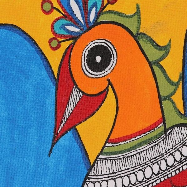 Alternate image for Acrylic Madhubani Peacock Painting on Handmade Paper Flying Peacock