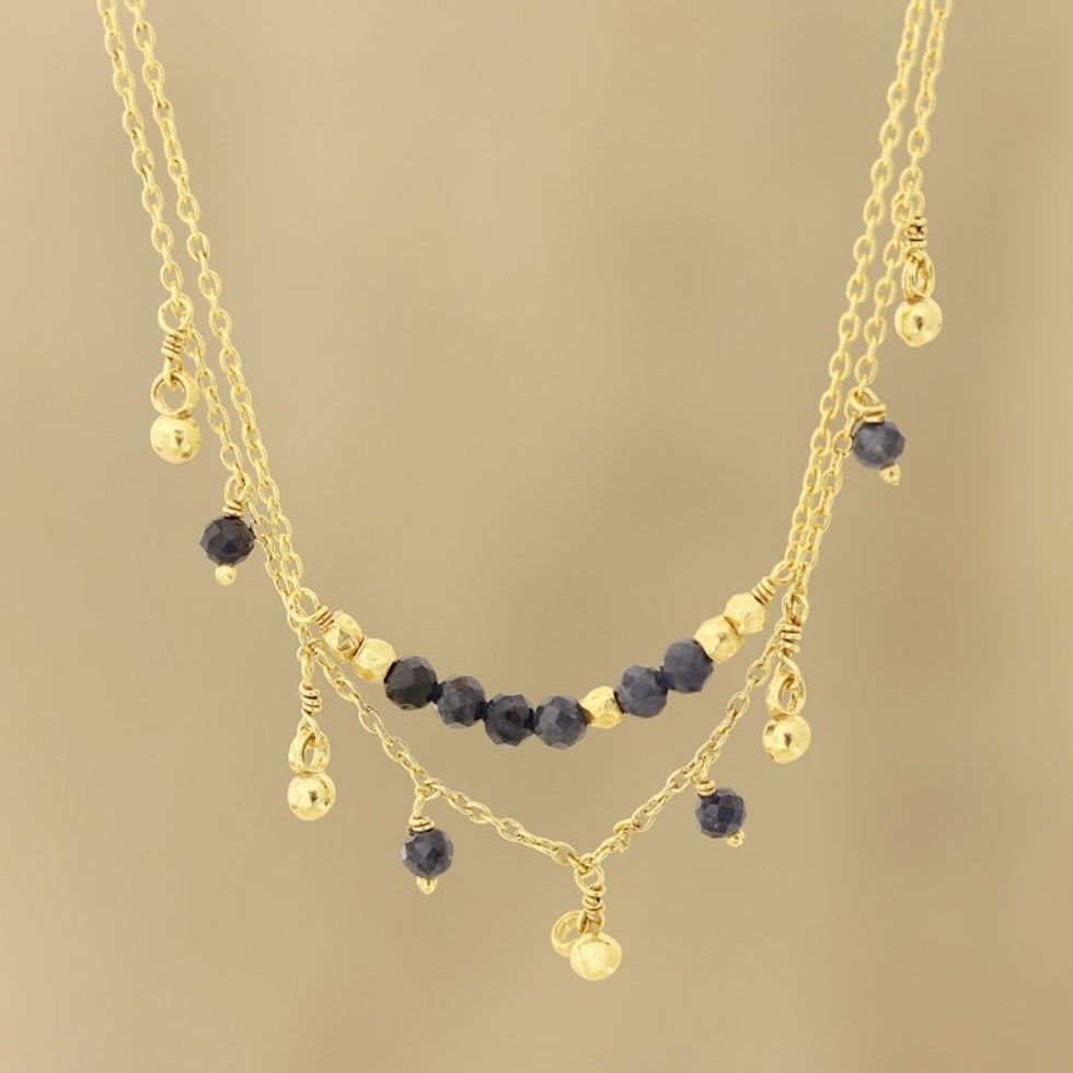 Gold Plated Iolite Beaded Pendant Necklace from India 'Glorious Dance'
