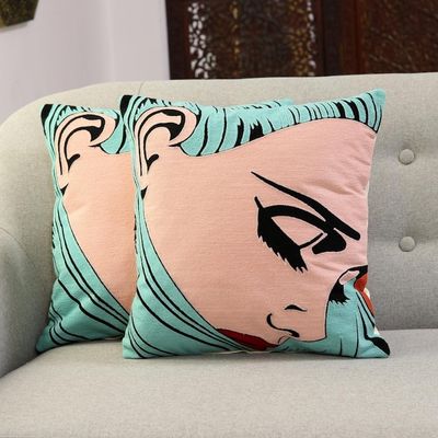 Main image for Comic Book-Style Embroidered Cotton Cushion Covers Pair Nostalgia