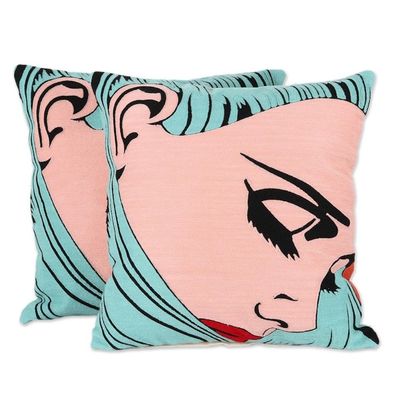Alternate image for Comic Book-Style Embroidered Cotton Cushion Covers Pair Nostalgia