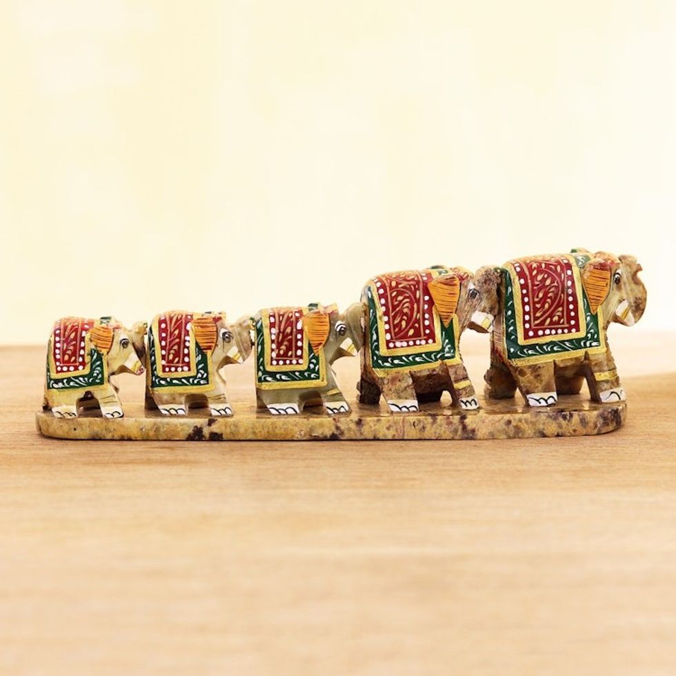 Hand Painted Soapstone Elephant Statuette 'Single File'
