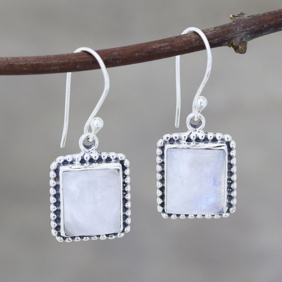 Rainbow Moonstone Dangle Earrings Crafted in India 'Good Will Spirit'