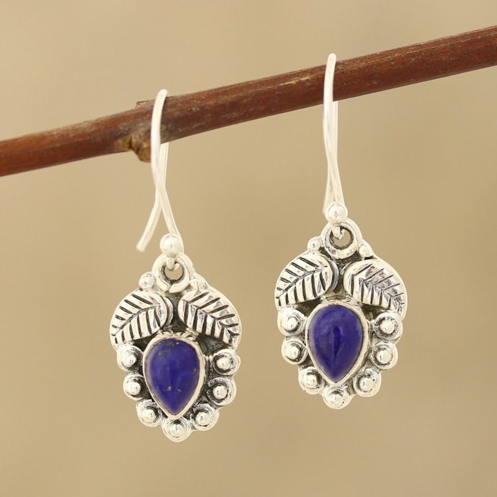 Leaf-Themed Lapis Lazuli Dangle Earrings from india 'Teardrop Leaves'