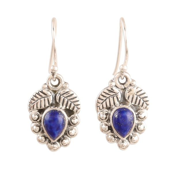 Alternate image for Leaf-Themed Lapis Lazuli Dangle Earrings from india Teardrop Leaves