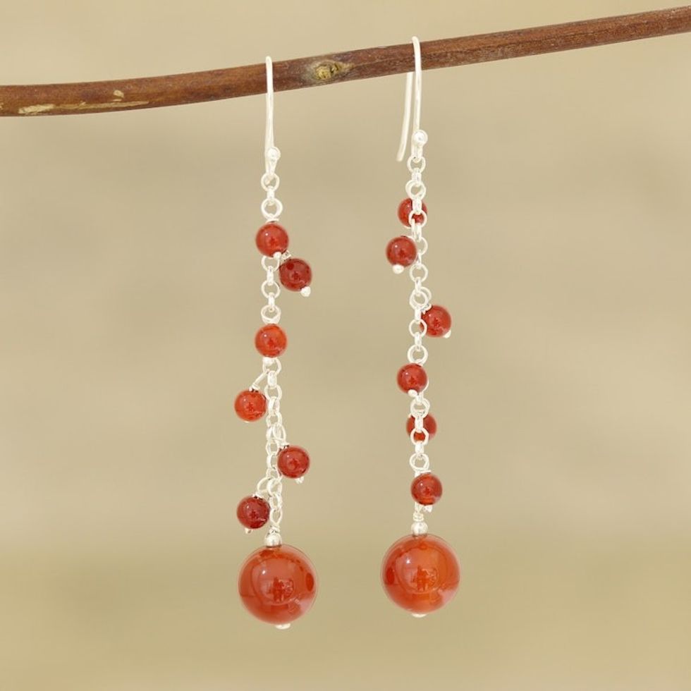Red-Orange Onyx Beaded Dangle Earrings Crafted in India 'Orb Dance in Red-Orange'