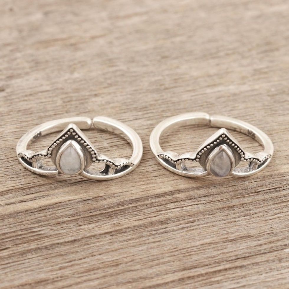 Sterling Silver and Rainbow Moonstone Toe Rings Pair 'Mythic Crown'