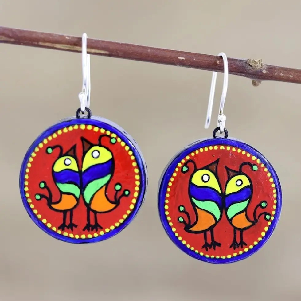 Hand Made Round Ceramic Dangle Earrings from India 'Joyful Birds'