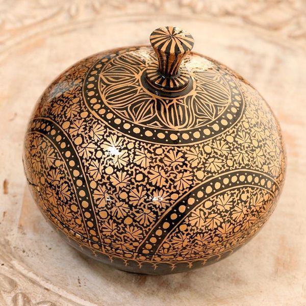 Alternate image for Handmade Papier Mache Box with Leaf Motif 5 Inch Kashmir Distinction