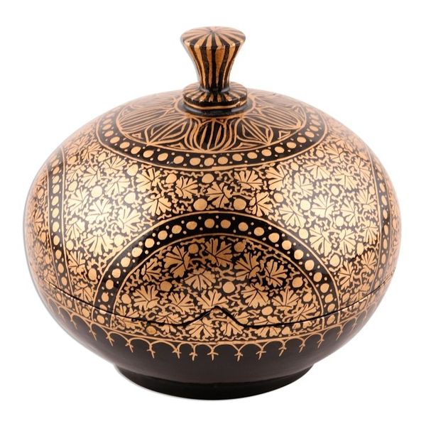 Alternate image for Handmade Papier Mache Box with Leaf Motif 5 Inch Kashmir Distinction
