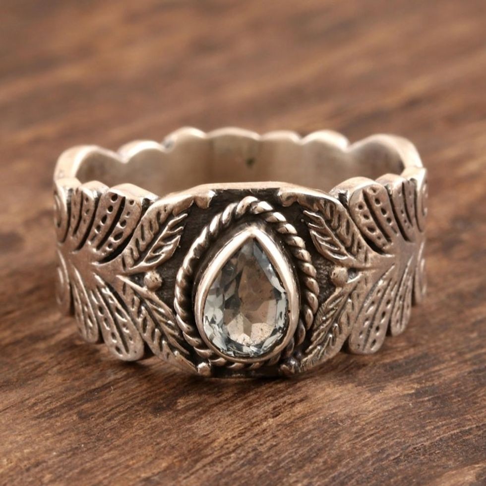 Artisan Crafted Blue Topaz and Sterling Silver Band Ring 'Iridescent Drop'