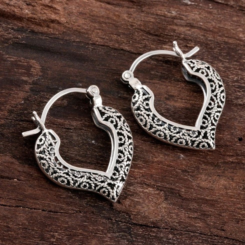 Artisan Crafted Silver Filigree Heart Hoop Earrings 'Heart Glory'