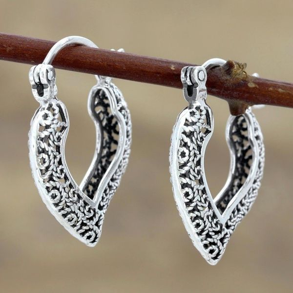 Alternate image for Artisan Crafted Silver Filigree Heart Hoop Earrings Heart Glory