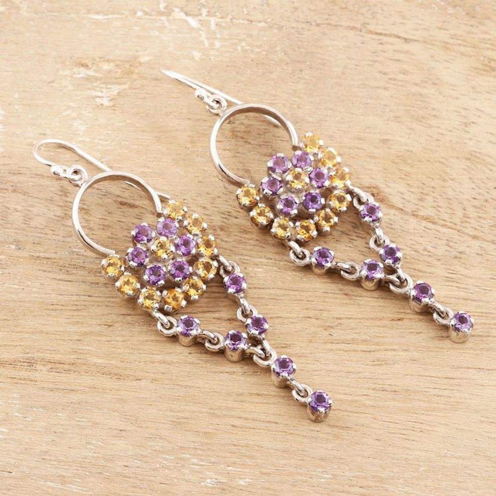 Citrine and Amethyst Gemstone Dangle Earrings 'Bedazzling in Purple'